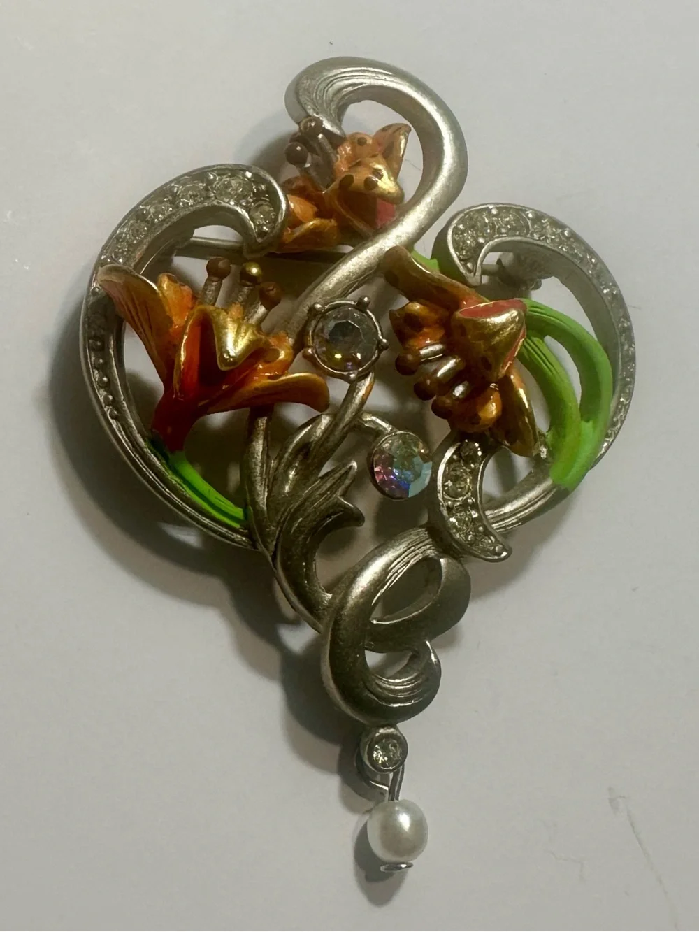 Joan Rivers Orange and Green Floral Heart Brooch with Pearl Drop